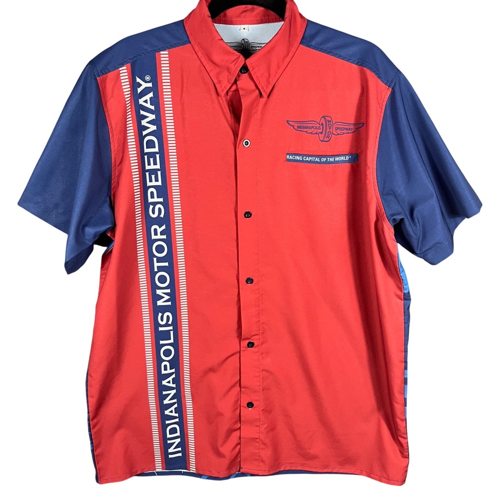 Indianapolis Motor Speedway Shirt Mens Medium Red Blue Graphic Racing Button Up
